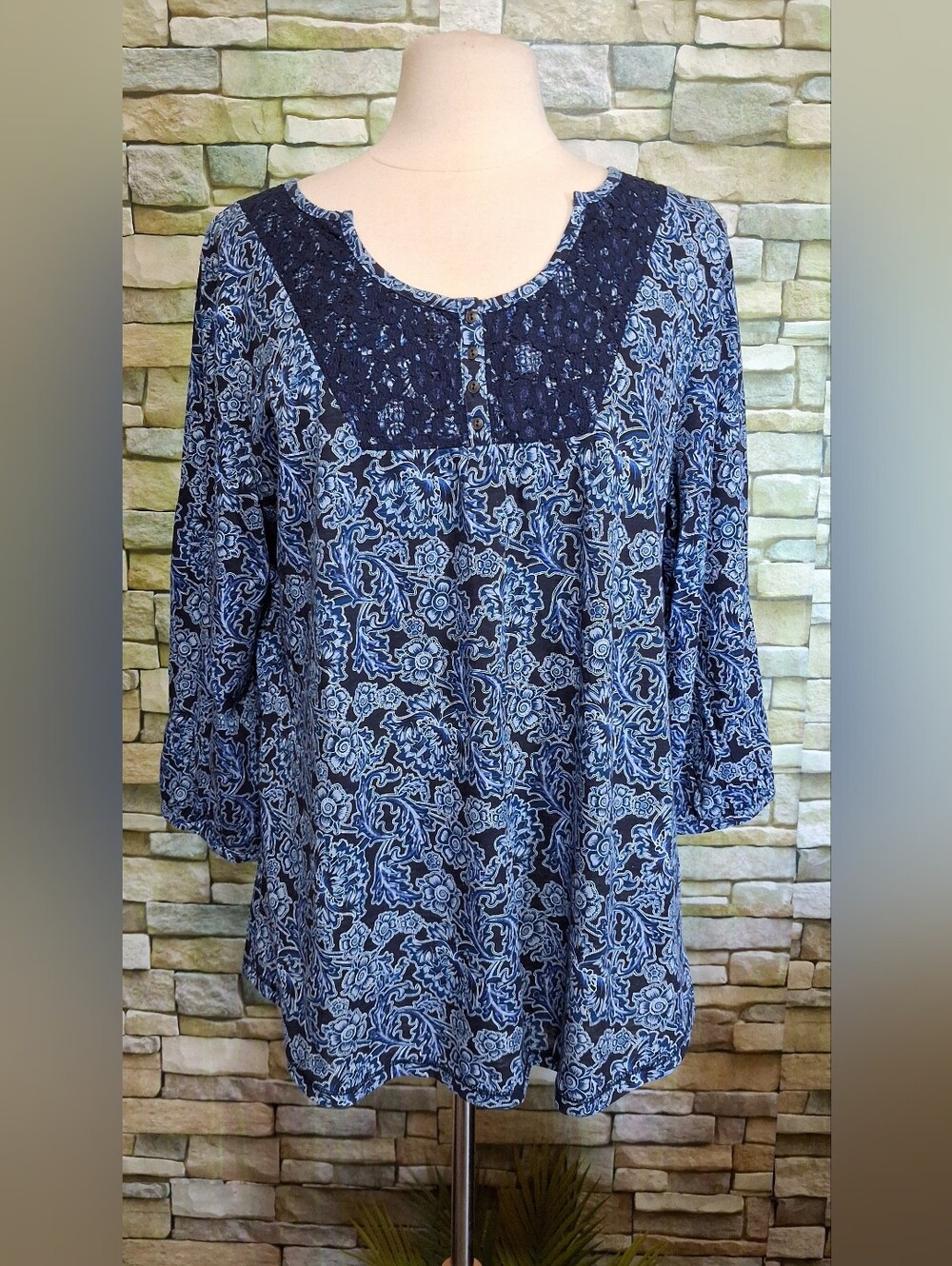 Northcrest Blue Patterned Tunic Navy Lace Yoke